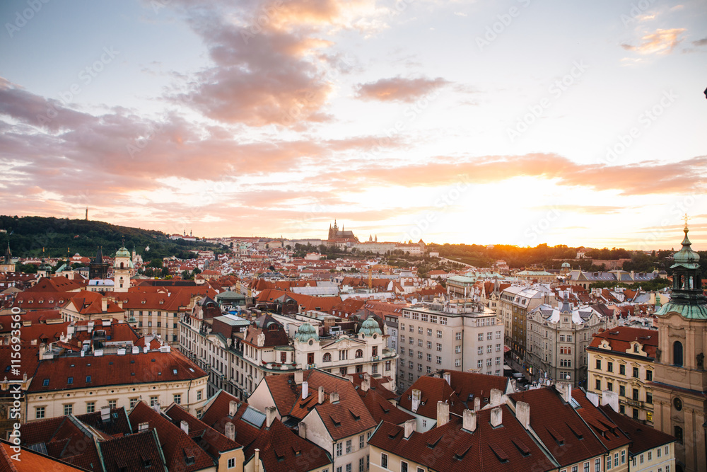 Prague, Czech Republic - 04 July 2016. The summer photo sunset over Praha, Chezh Republic capital like a point of travel destination.