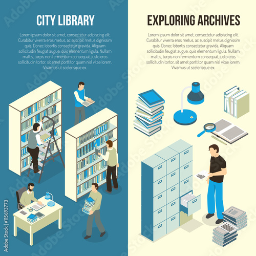 Documents Archive Library Isometric Vertical Banners