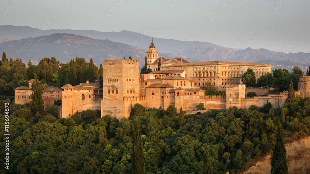 Arabic fortress of Alhambra at dusk, Spain.