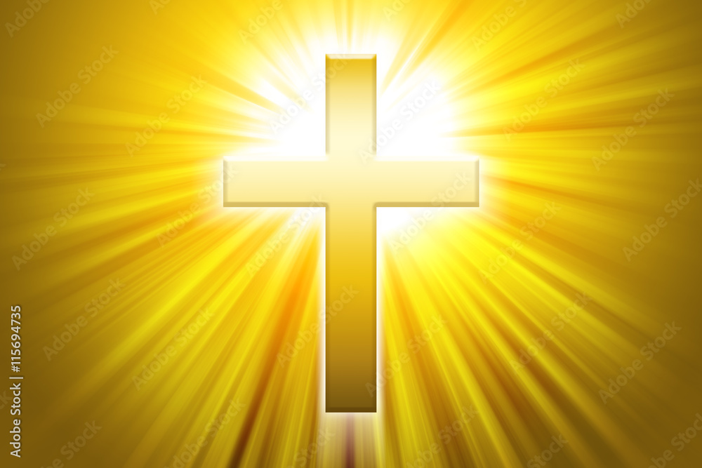 Golden latin cross with sunbeams. Christian cross, the symbol of Christianity, also called  Roman cross in front of beams of light.