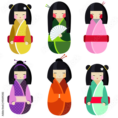 Vector set of kokeshi dolls in different traditional japanese clothes. Collection of beautiful and cute women, girls toys