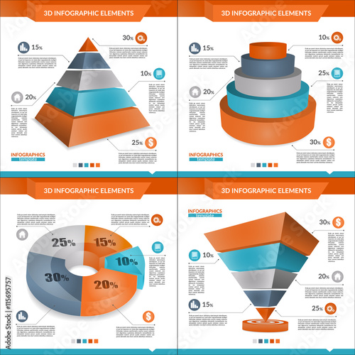 Set of 3D infographics pyramid and pie chart.
