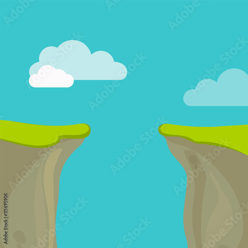 Abyss, gap or cliff concept with sky and clouds. Vector colorful illustration in flat style