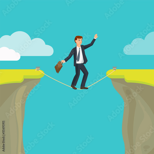 Abyss, gap or cliff concept with businessman, sky and clouds. Vector colorful illustration in flat style