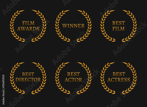 Film academy awards winners and best nominee gold wreaths on black background.