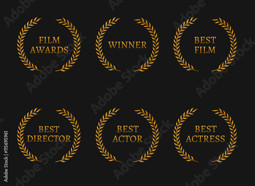 Film academy awards winners and best nominee gold wreaths on black background.