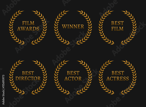 Film academy awards winners and best nominee gold wreaths on black background.