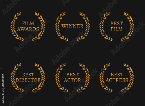Film academy awards winners and best nominee gold wreaths on black background.