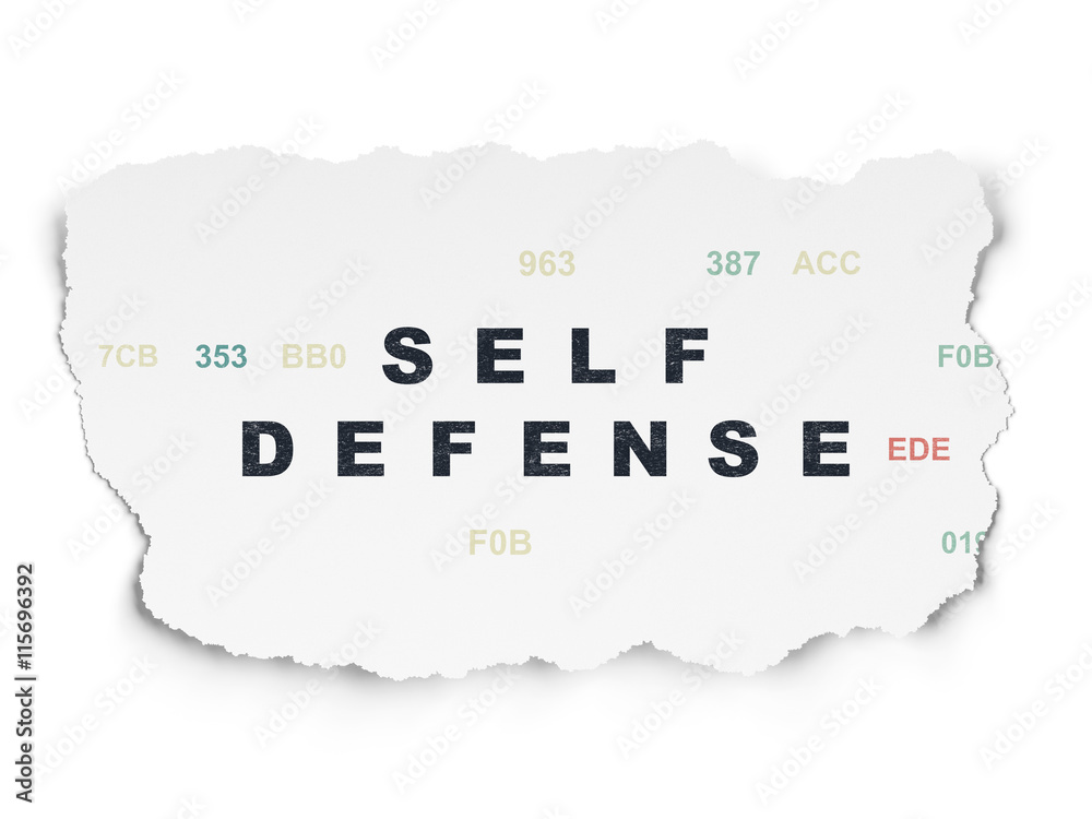 Protection concept: Self Defense on Torn Paper background