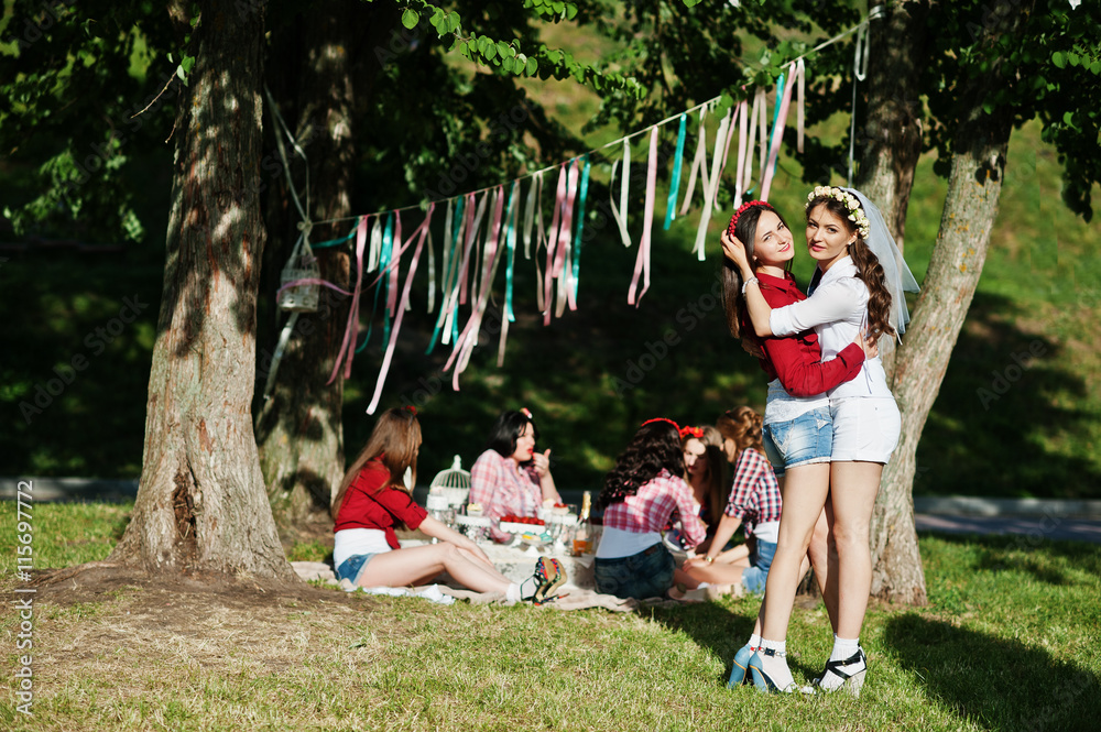 Obraz premium Two sexy girls at short shorts posed and having fun on bachelore