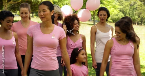 Women going on a walk for breast cancer awareness in the park