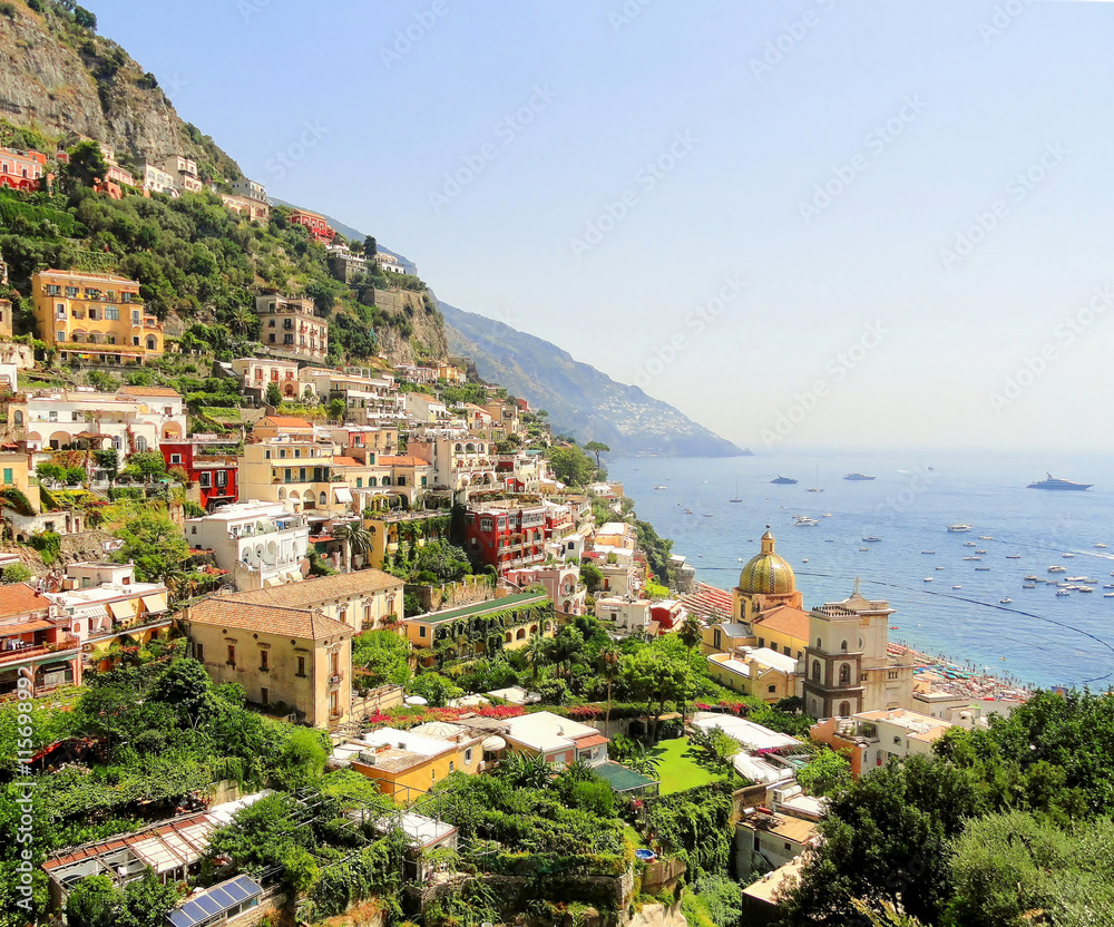  View over Positano town and the sea from a hillside position. 