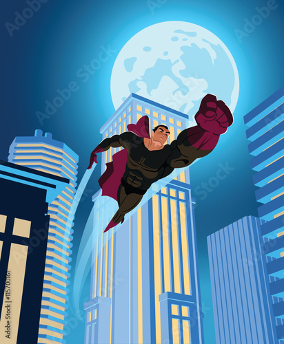 superhero flying through the night city.
