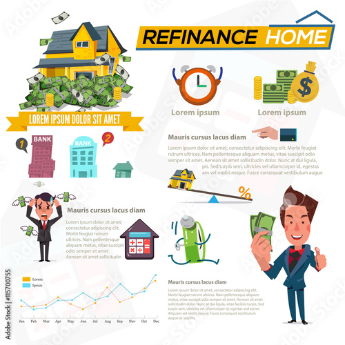 Refinance home with graphic element. debt man and rich man chara