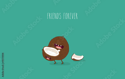 Funny coconut drink coconut. Vector illustrations. Friend forever.