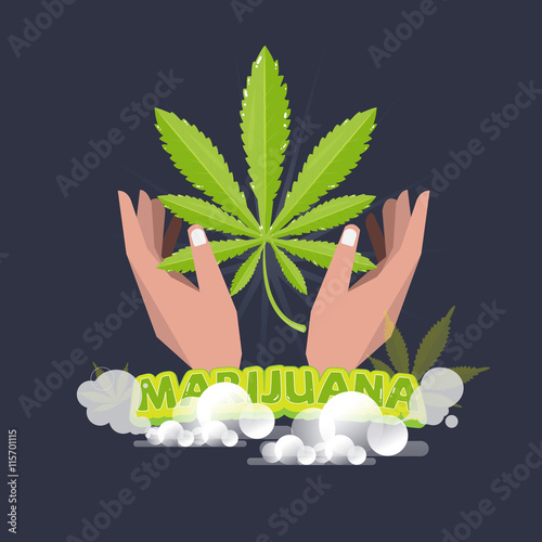 Hands offering a marijuana leaf with typographic design . mariju