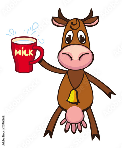 Funny cartoon cow drinking cup of milk. Vector clip art.