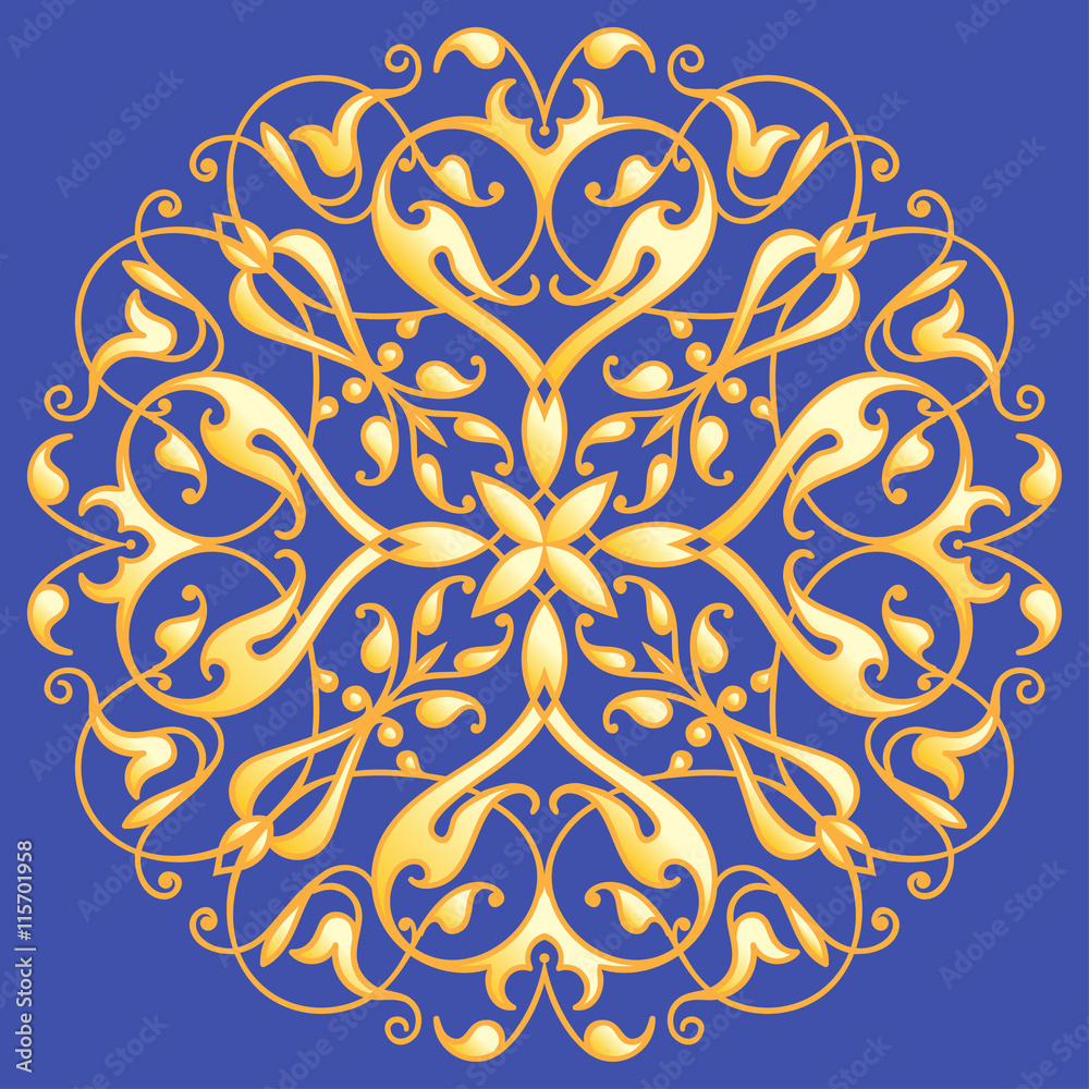 Oriental decorative element. Zentangle mandala gold on a blue background