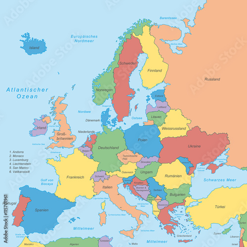 Kontinent Europa (farbig) - Vektor mit Grenzen