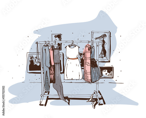 Pastel colored fashion illustration with hand drawn hangers with dresses. Interior with shoes. Vector sketch illustration, isolated on white, with white accent on central dress on blue background