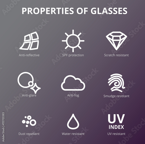 Vector eye care, glasses properties, ophthalmology infographics. Optometry Icons. Sun glasses, driver's glasses