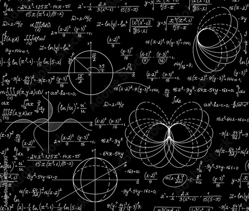 Mathematical vector seamless pattern with various algebra signs, formulas, calculations, equations, numbers. Math endless texture, "handwritten with chalk on blackboard" effect