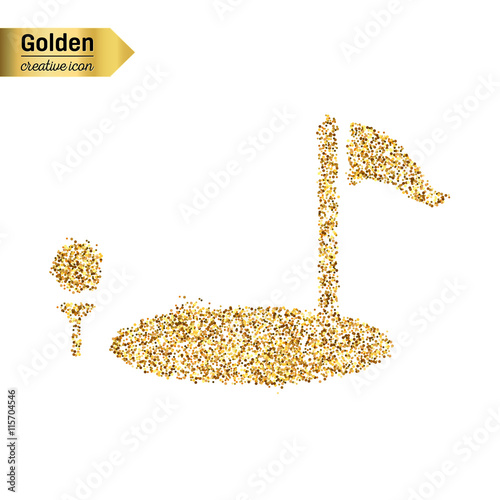 Gold glitter vector icon of golf isolated on background. Art creative concept illustration for web, glow light confetti, bright sequins, sparkle tinsel, abstract bling, shimmer dust, foil.