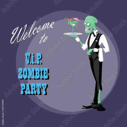 Concept design poster for halloween holiday party with cute ragged zombie drawing in funny cartoon retro style. Vector illustration