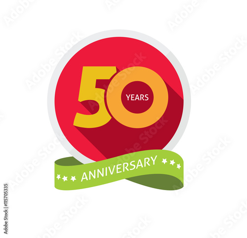50th anniversary logo template with shadow on circle number, 50 years icon. Fiftieth years birthday party symbol. fiftieth anniversary holiday sticker, badge ribbon, poster, emblem, tag