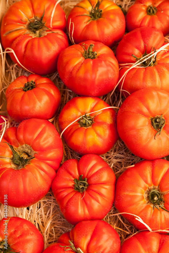 Fresh heirloom tomatoes in the market of south France Fresh heirloom tomatoes in the market of south France