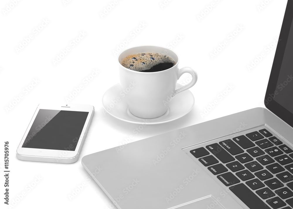 Laptop smartphone and coffee cup on white. 3d rendering. Laptop smartphone and coffee cup on white. 3d rendering.