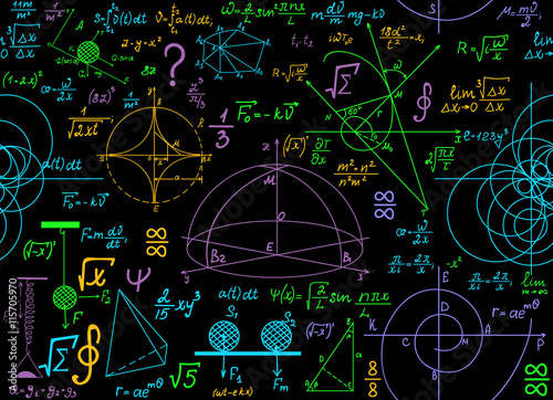 Multicolored mathematical vector seamless pattern with geometrical plots, formulas and calculations. Math colorful endless texture. You can use any color of background