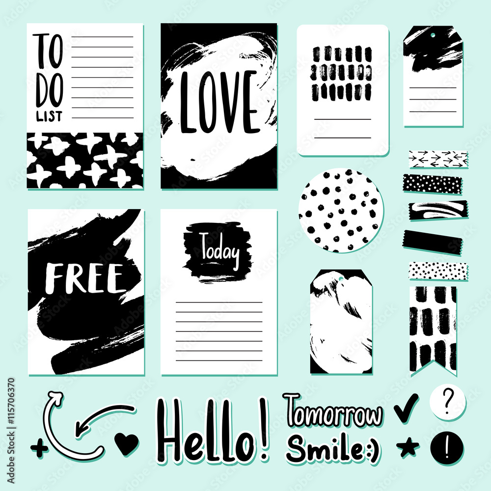 Modern vector card, tag and sticker set for planner, journaling,