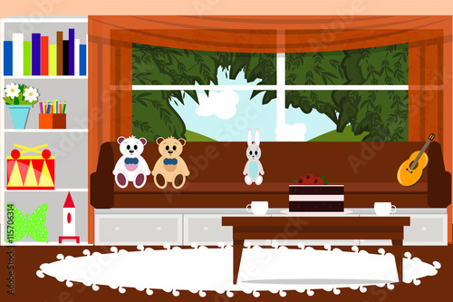 Living room interior vector illustration. Tea, cake, tea, furniture