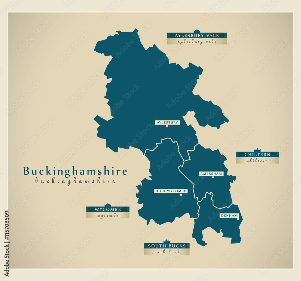 Modern Map - Buckinghamshire districts detailed UK