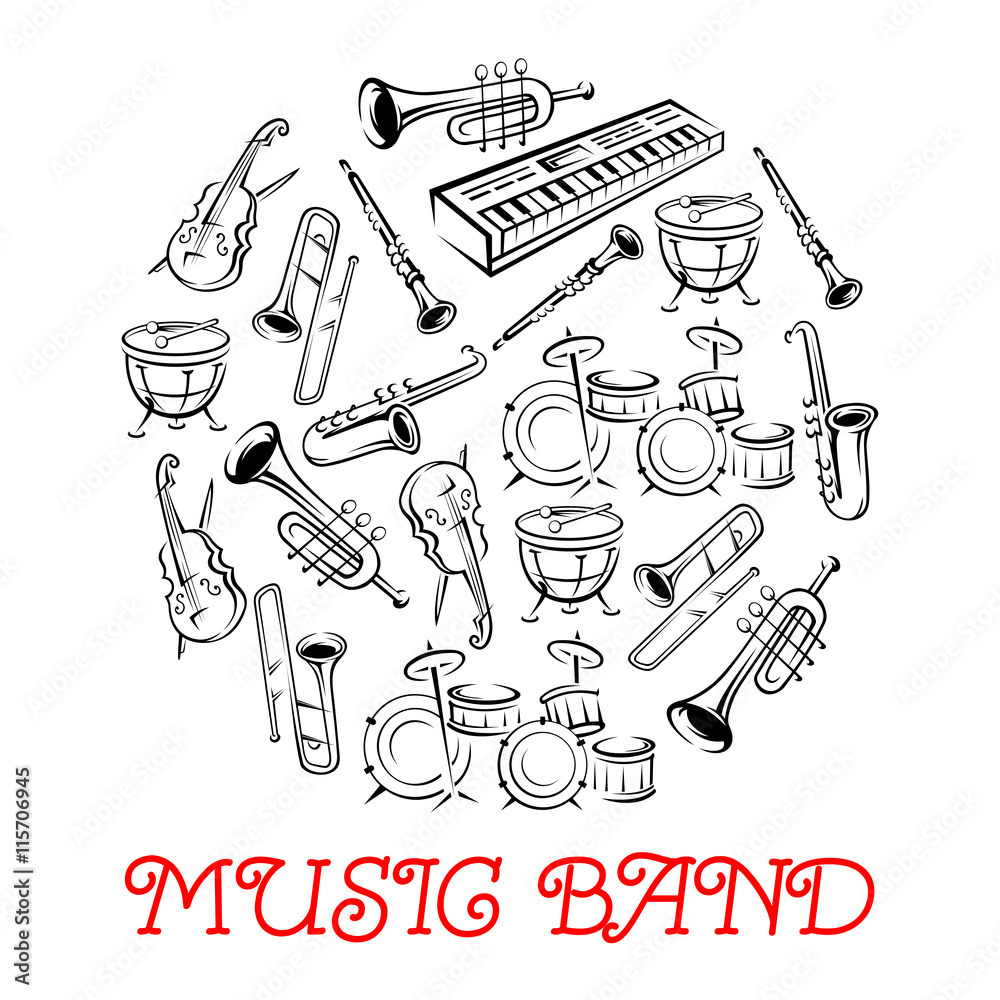 Naklejka premium Sketched sound instruments for musical band
