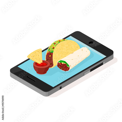 Vector isometric illustration icon of a take away Mexican Food ordered on the web.
Take out Mexican food ordered from the internet on smart phone.
Mexican Cuisine Fast Food order.