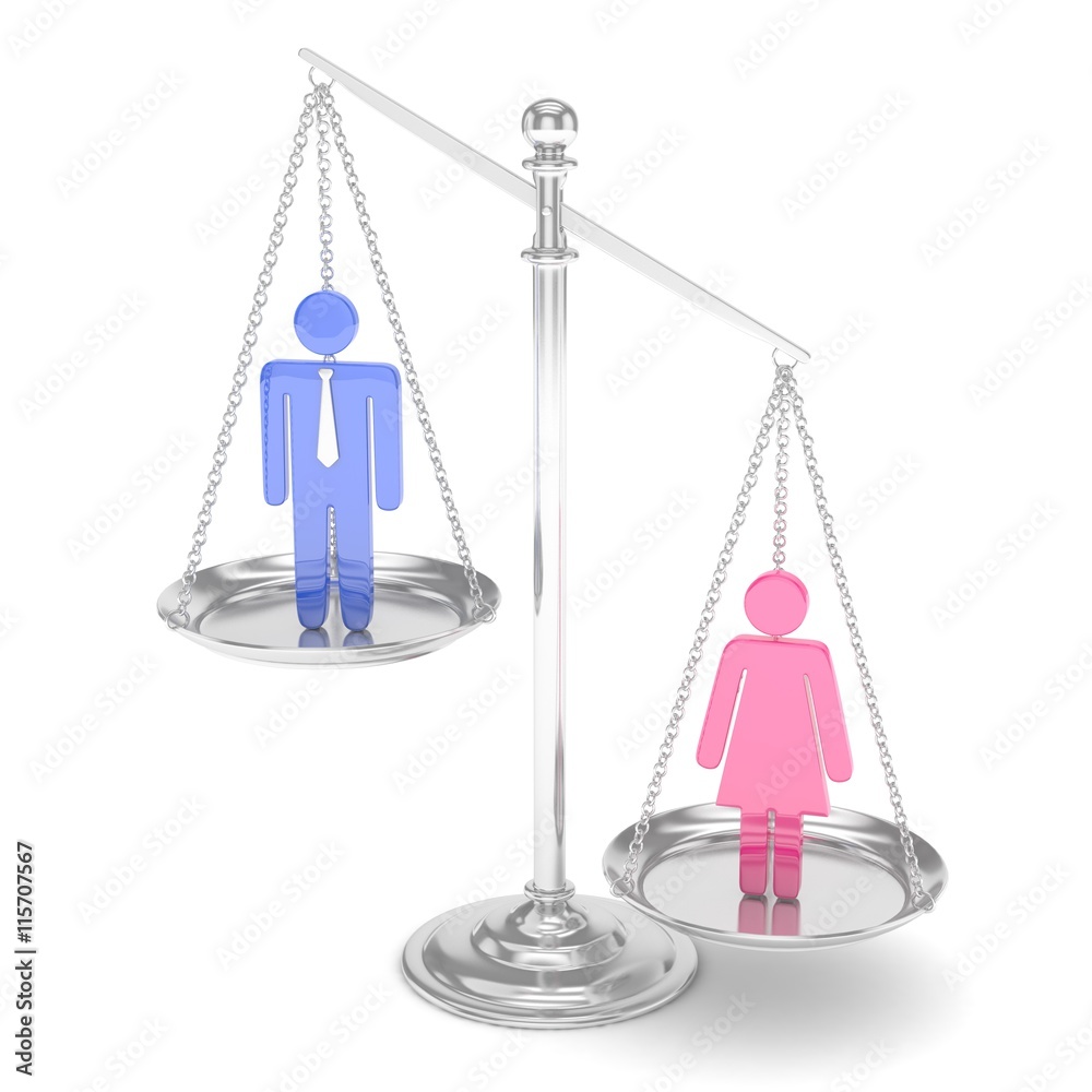 Isolated old fashioned pan scale with man and woman on white background. Gender inequality. Female is heavier. Law issues. Colorful model. 3D rendering. Isolated old fashioned pan scale with man and woman on white background. Gender inequality. Female is heavier. Law issues. Colorful model. 3D rendering.