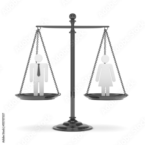 Isolated old fashioned pan scale with man and woman on white background. Gender inequality. Equality of sexes. Law issues. Silver model. 3D rendering.