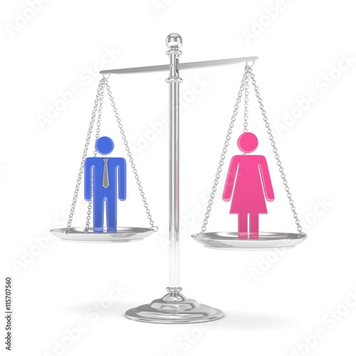 Isolated old fashioned silver pan scale with colorful man and woman on white background. Gender inequality. Equality of sexes. Law issues. Silver model. 3D rendering.