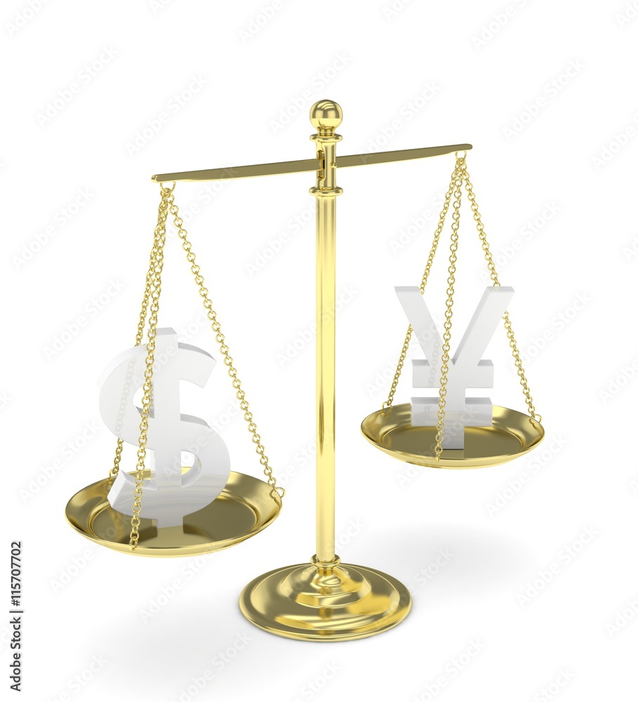 Isolated old fashioned pan scale with dollar and yuan,yen on white background. American and chinese and japanese currency. Currency equality. 3D rendering. Isolated old fashioned pan scale with dollar and yuan,yen on white background. American and chinese and japanese currency. Currency equality. 3D rendering.