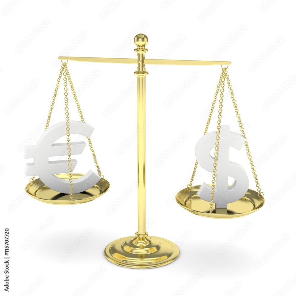 Isolated golden scales with silver dollar and euro currency. American and european finance. Measuring of market stability. 3D rendering. Isolated golden scales with silver dollar and euro currency. American and european finance. Measuring of market stability. 3D rendering.