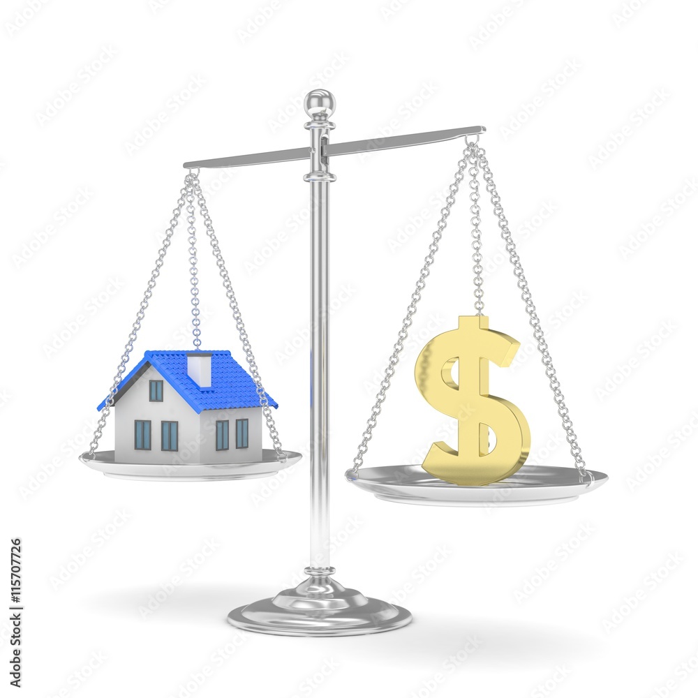 Isolated silver scales with golden dollar and house on white background. Investment or savings concept. Real estate and currency. 3D rendering. Isolated silver scales with golden dollar and house on white background. Investment or savings concept. Real estate and currency. 3D rendering.