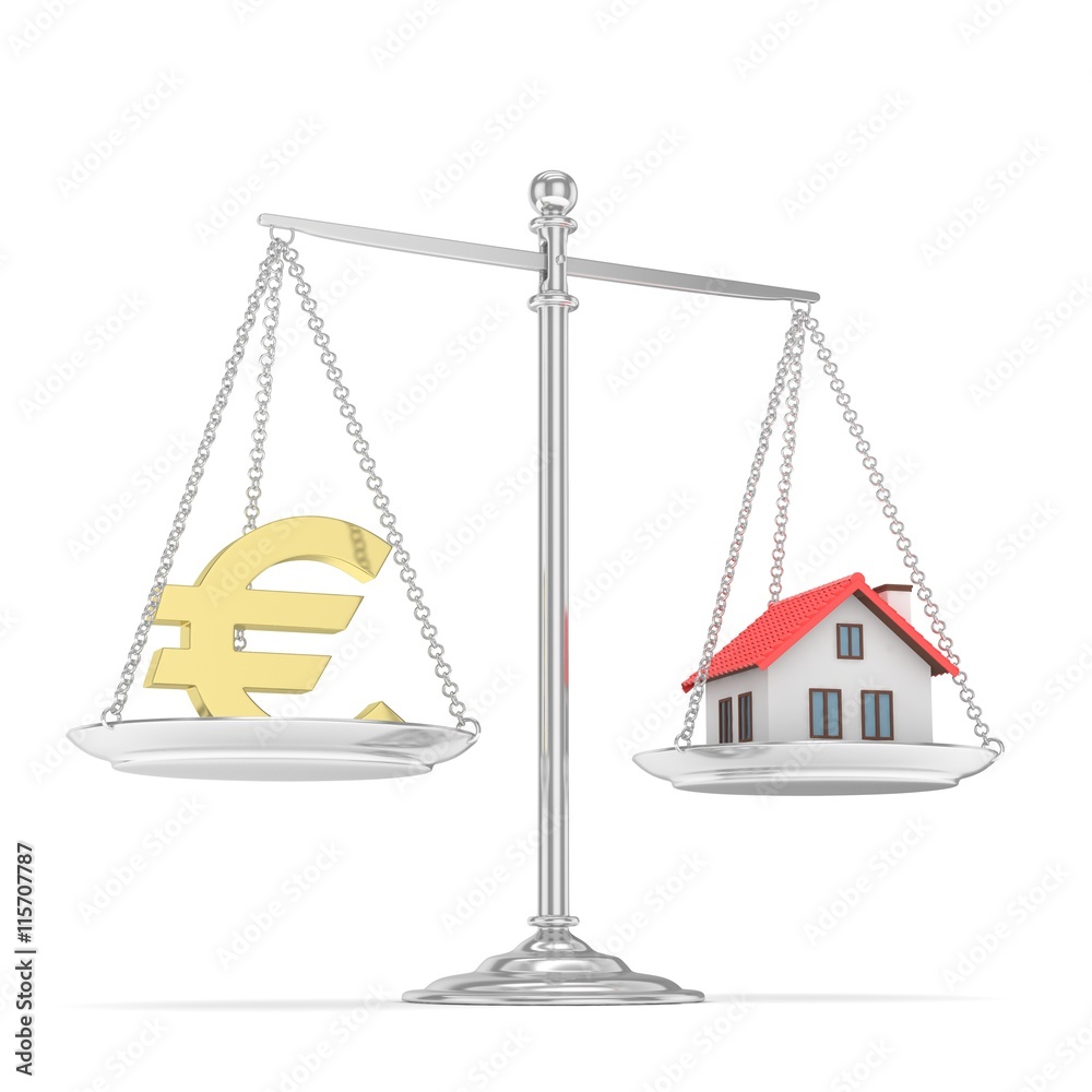 Isolated silver scales with golden euro and house on white background. Investment or savings concept. Real estate and currency. 3D rendering. Isolated silver scales with golden euro and house on white background. Investment or savings concept. Real estate and currency. 3D rendering.
