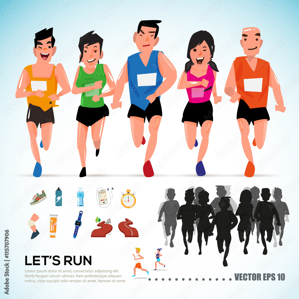 happy runner group with running kit elements and silhouette. cha happy runner group with running kit elements and silhouette. cha