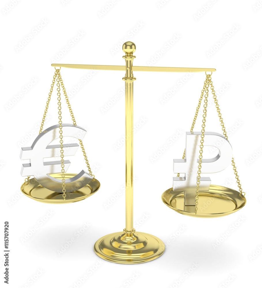 Isolated golden scales with silver euro and ruble currency. Russian and european finance. Measuring of market stability. 3D rendering. Isolated golden scales with silver euro and ruble currency. Russian and european finance. Measuring of market stability. 3D rendering.