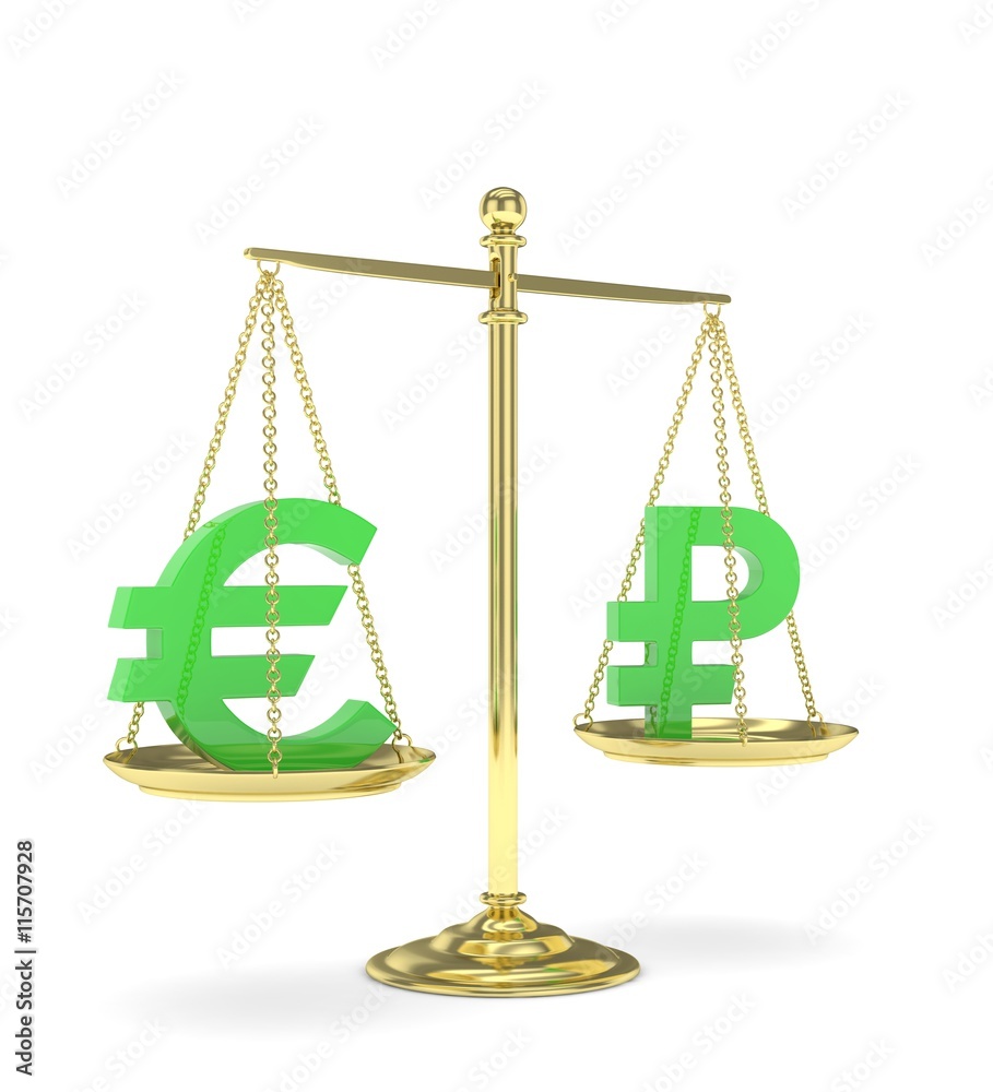 Isolated golden scales with green euro and ruble currency. Russian and european finance. Measuring of market stability. 3D rendering. Isolated golden scales with green euro and ruble currency. Russian and european finance. Measuring of market stability. 3D rendering.