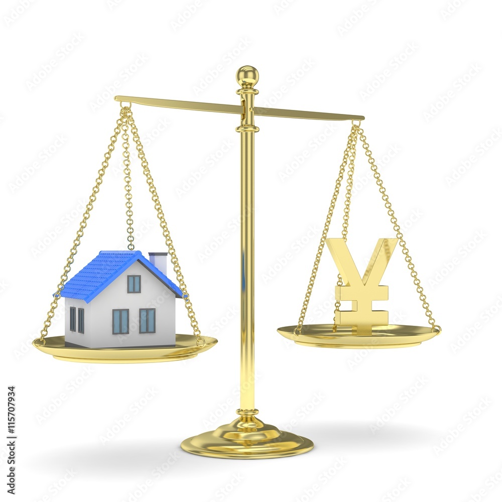 Isolated golden scales with golden yuan and house on white background. Investment or savings concept. Real estate and currency. 3D rendering. Isolated golden scales with golden yuan and house on white background. Investment or savings concept. Real estate and currency. 3D rendering.