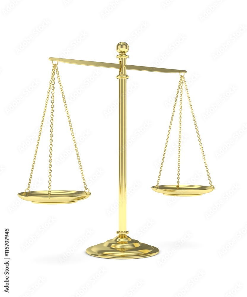 Isolated golden scales on white background. Symbol of judgement. Law, measurement, liberty in one concept. 3D rendering. Isolated golden scales on white background. Symbol of judgement. Law, measurement, liberty in one concept. 3D rendering.
