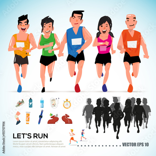 happy runner group with running kit elements and silhouette. cha